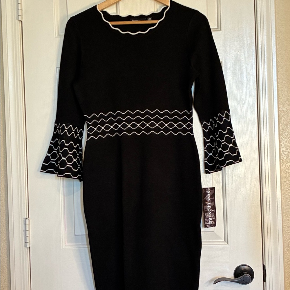 Nina Leonard Black Midi Sweater Dress with White Detailing - Picture 2 of 4